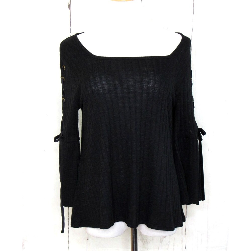 Est. 1946 Women's Knit Top Black 3/4 Lace Up Bell Sleeve Square Neck Size Small